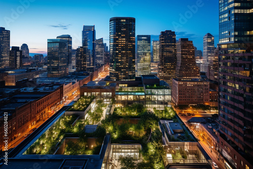 The Sustainable Metropolis  A City s Commercial Hub at Twilight  Each Building a Glowing Beacon of Sustainability with Lush Green Roofs