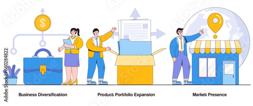 Business diversification, product portfolio expansion, market presence concept with character. Diversified business abstract vector illustration set. Market exploration, growth opportunities metaphor