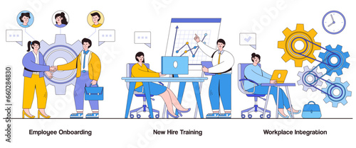 Employee onboarding, new hire training, workplace integration concept with character. Employee integration abstract vector illustration set. Smooth transition, team assimilation, employee retention