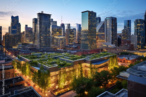 The Sustainable Metropolis: A City's Commercial Hub at Twilight, Each Building a Glowing Beacon of Sustainability with Lush Green Roofs