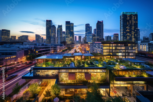 The Sustainable Metropolis: A City's Commercial Hub at Twilight, Each Building a Glowing Beacon of Sustainability with Lush Green Roofs