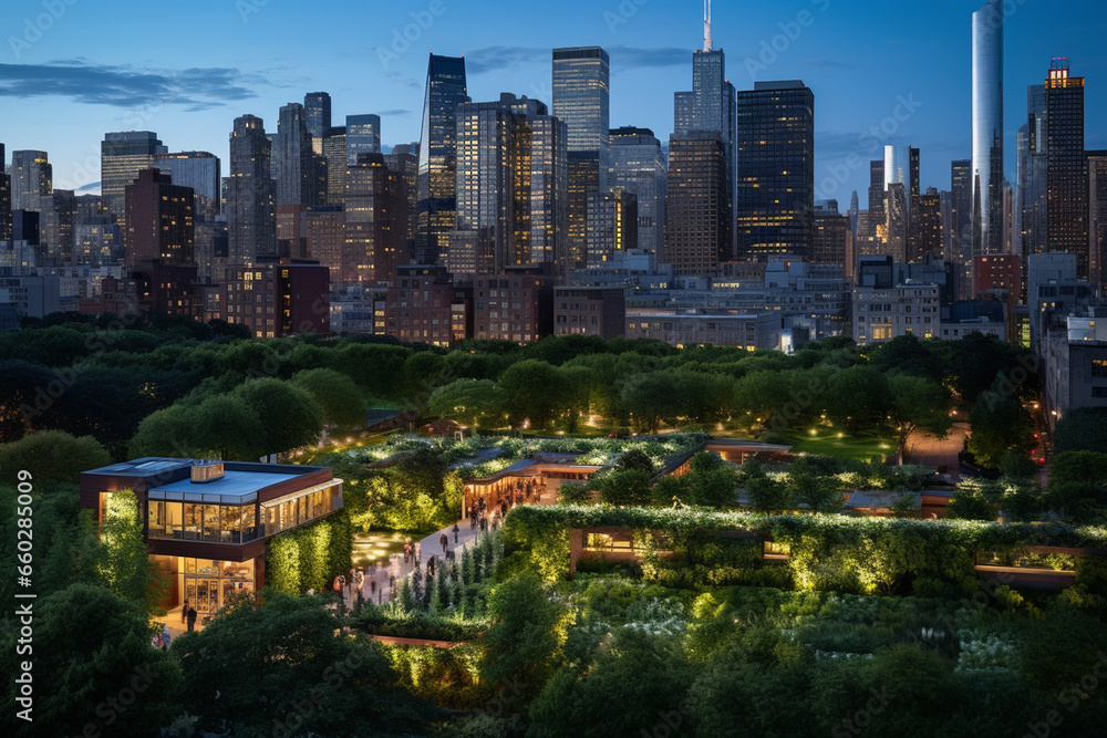 Obraz premium The Sustainable Metropolis: A City's Commercial Hub at Twilight, Each Building a Glowing Beacon of Sustainability with Lush Green Roofs