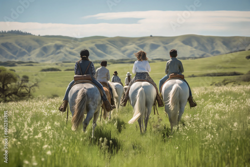 a group of people riding horses on an open grassy area, in the style of light gray and light brown, child-like innocence, adventurecore photo