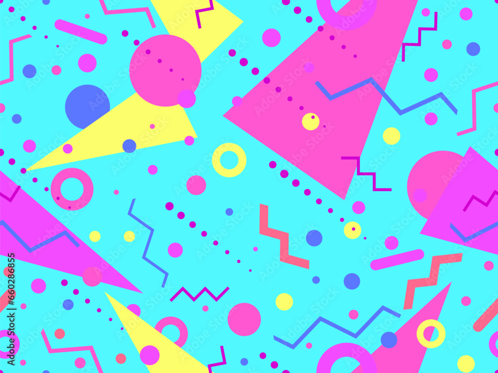 Memphis seamless pattern with geometric shapes in 80s and 90s style. Geometric shapes of different shapes and colors. Design of promotional products, wrapping paper and printing. Vector illustration Memphis seamless pattern with geometric shapes in 80s and 90s style. Geometric shapes of different shapes and colors. Design of promotional products, wrapping paper and printing. Vector illustration