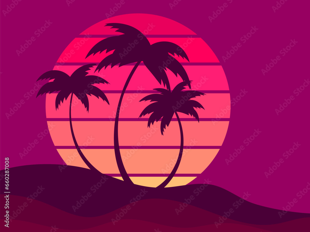Palm trees on a retro sunset background. Tropical palm trees against the backdrop of a futuristic sunset. Design for promotional products, banner and poster. Vector illustration