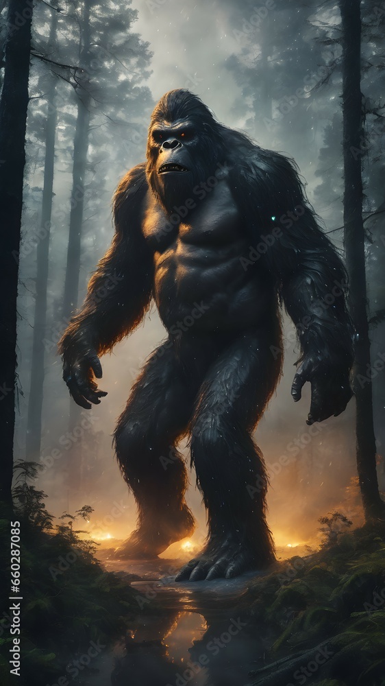 Big gorilla or Bigfoot in the forest.
