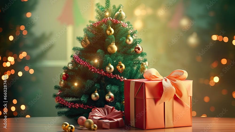Luxury gold gift box with fir tree on the winter background AI Generative Luxury gold gift box with fir tree on the winter background AI Generative