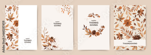 Thanksgiving Day card templates with
autumn watercolor foliage and flowers in warm brown tones. Vector illustration for greeting card, wedding invitation, poster, flyer, cover, banner, social media