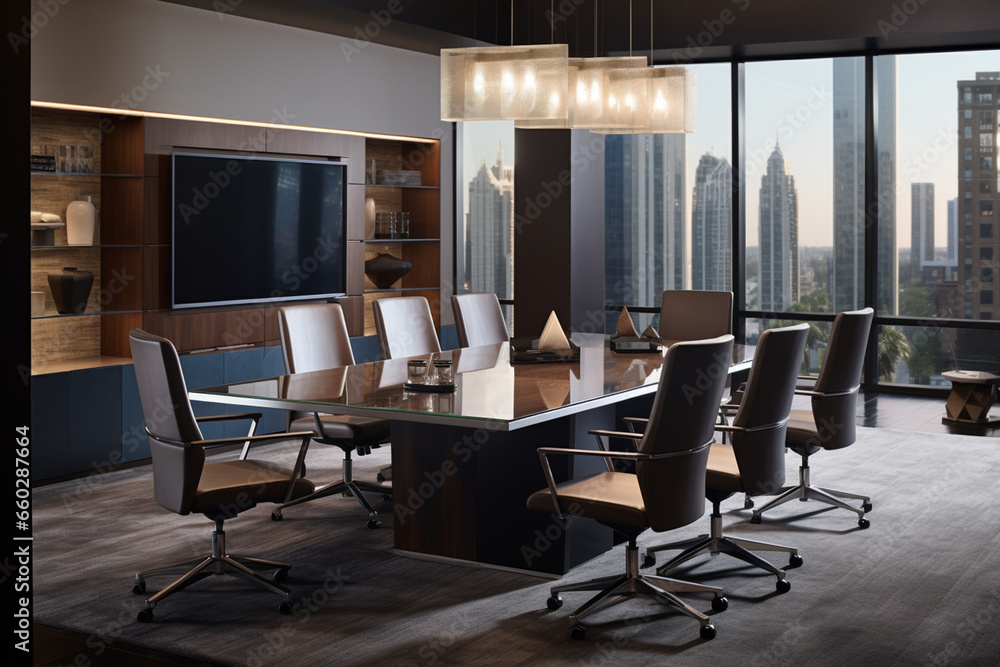 Sophisticated Corporate Boardroom with Ergonomic Furniture, Creating an Atmosphere of Comfort and Productivity for Crucial Decision-Making Sophisticated Corporate Boardroom with Ergonomic Furniture, Creating an Atmosphere of Comfort and Productivity for Crucial Decision-Making
