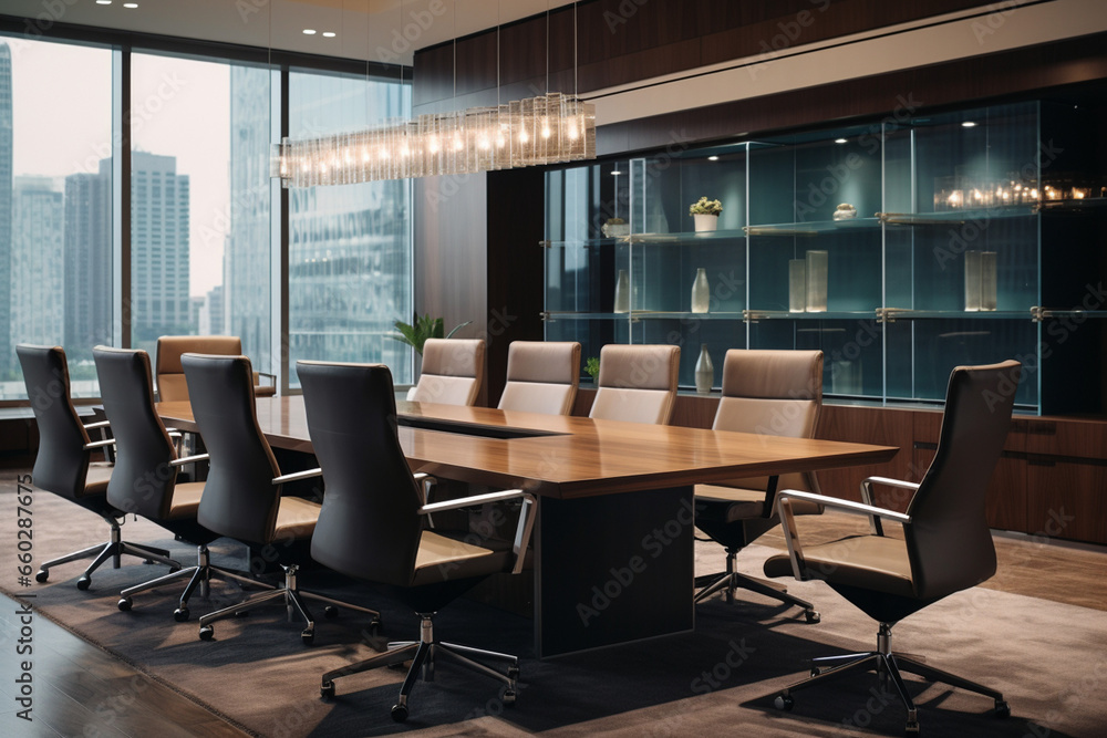 Sophisticated Corporate Boardroom with Ergonomic Furniture, Creating an Atmosphere of Comfort and Productivity for Crucial Decision-Making