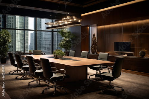 Sophisticated Corporate Boardroom with Ergonomic Furniture  Creating an Atmosphere of Comfort and Productivity for Crucial Decision-Making