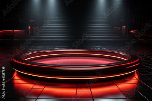 Ai Generated photo red light round podium and black background for mock up realistic image