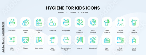 Hygiene icon collection with blue and green gradient outline style. hygiene, clean, sign, medical, collection, water, health. Vector Illustration