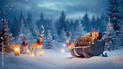 Santas sleigh pulled by reindeers with gift boxes on the winter background AI Generative