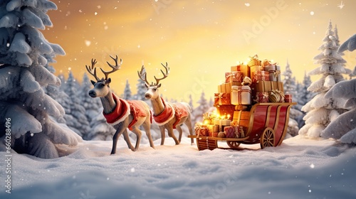 Santas sleigh pulled by reindeers with gift boxes on the winter background AI Generative © Tebha Workspace