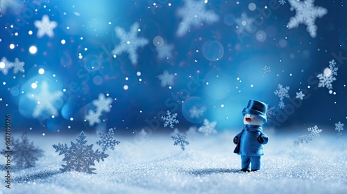 Sparkling blue snowflakes with snowman on the winter background Ai Generative