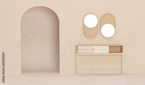 Creative concept for makeup artist  beauty studio. Woman makeup shelve with mirror monochrome in pastel beige color. Light background with space for copy. 3d rendering for web page  presentation