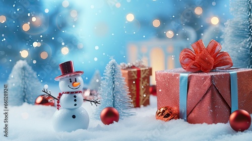 Sparkling blue snowflakes with snowman and gift box on the winter background Ai Generative © Tebha Workspace