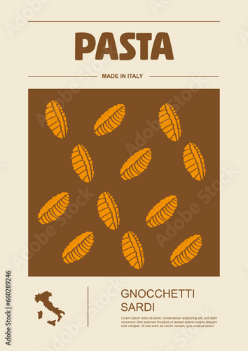Italian macaroni types, labels for packages set. Gnocchetti sadri pasta. Organic and natural product, gourmet ingredient for cooking dishes. Handmade and tasty. Vector in flat style photo