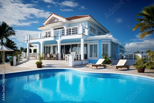 Beach house with pool, terrace, against blue sky, perfect vacation home for large family. Generative AI © Phoenix