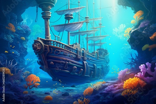 Exquisite ship cruising through azure waters with captivating underwater scenery. Generative AI