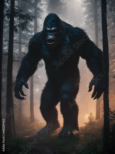 Big gorilla or Bigfoot in the forest.