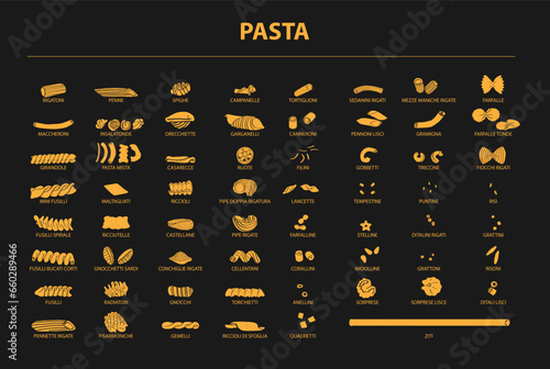 Italian Pasta. Vector food sketch icon set. Doodle macaroni illustration. Hand drawn cooking collection. Pasta Fettuccine Fusilli Gobetti Rigatoni Capellini Conchiglie Tortiglioni Penne Farfalle Fiori photo