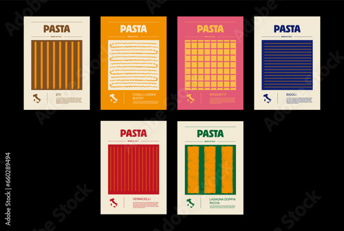 Italian macaroni types, labels for packages set. Ziti, fusilli lunghi bucati, spaghetti, vermicelli, lasagna doppia riccia, bigoli pasta. Organic product, gourmet ingredient for cooking dishes