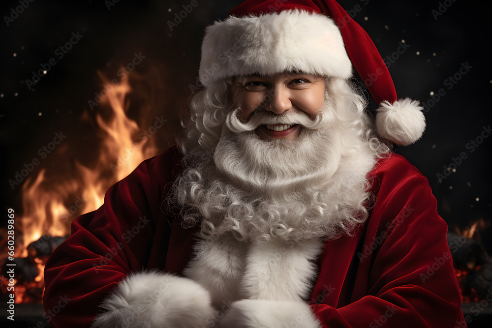 Portrait of a modern Santa Claus with a long white beard, red cap, smiling against a blurred fireplace