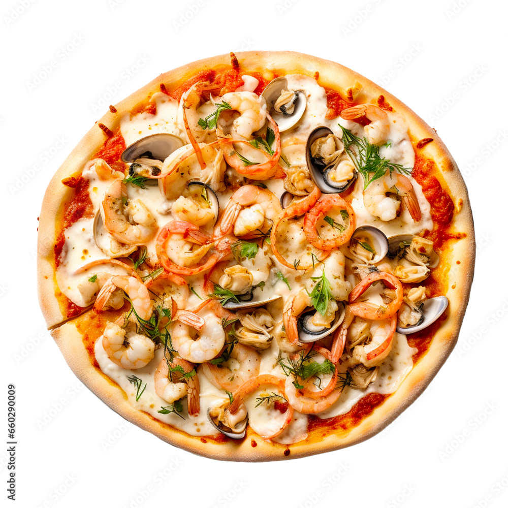 A seafood pizza, scattered with shrimp, calamari, and clams, offering a taste of the ocean against the contrasting white background. A seafood pizza, scattered with shrimp, calamari, and clams, offering a taste of the ocean against the contrasting white background.