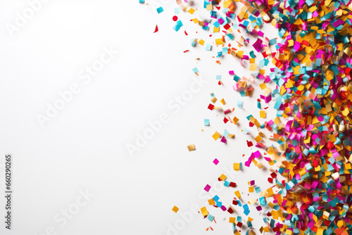 Colorful confetti sprinkles scattered on clean white background. Perfect for celebrations and party themes.