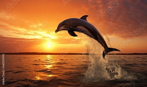 Photo of a majestic dolphin leaping out of the water against a stunning sunset backdrop © uhdenis