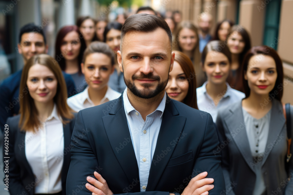 Professional man in suit stands confidently in front of group of people. This image is perfect for business and leadership concepts. Professional man in suit stands confidently in front of group of people. This image is perfect for business and leadership concepts.