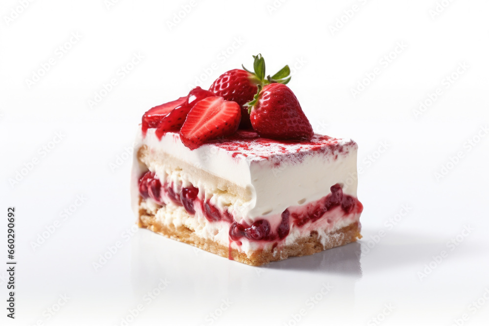 Delicious piece of cake topped with fresh strawberries. Perfect for any celebration or dessert. Delicious piece of cake topped with fresh strawberries. Perfect for any celebration or dessert.