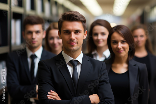 Group of business people standing next to each other. Perfect for corporate presentations and team collaboration concepts.