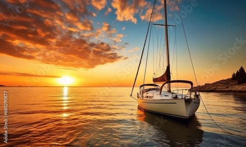 Photo of sailboat sailing on tranquil waters during a breathtaking sunset