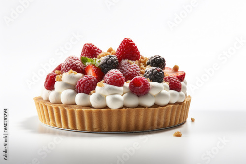 Mouthwatering close-up of dessert topped with creamy whipped cream and juicy berries. Perfect for food blogs  restaurant menus  and advertisements.