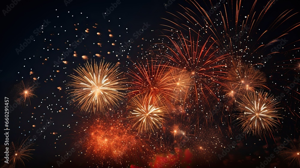 Beautiful fireworks sparkled on the night sky AI Generative
