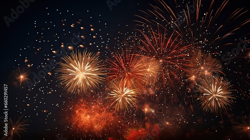 Beautiful fireworks sparkled on the night sky AI Generative