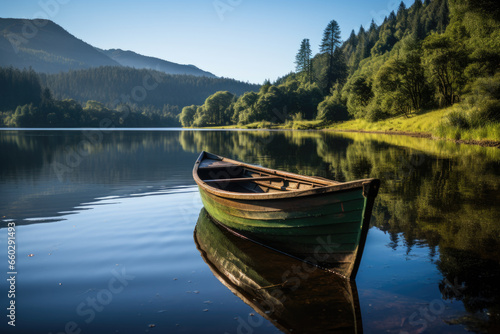 Small boat peacefully resting on calm surface of serene lake. This image can be used to depict tranquility and relaxation.