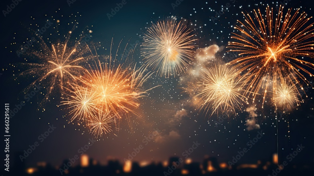 Naklejka premium Beautiful fireworks sparkled on the night sky AI Generative