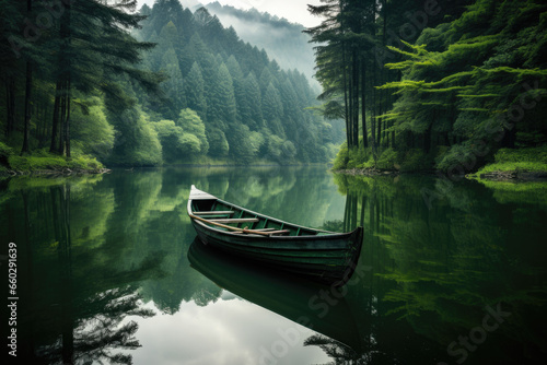 Serene image of boat peacefully floating on top of lake, with lush trees surrounding scene. Perfect for nature-themed projects or calming visuals. © vefimov