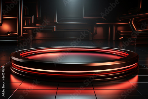 Ai Generated photo red light round podium and black background for mock up realistic image