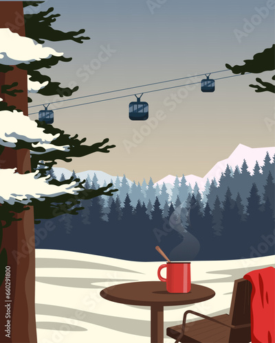 Winter landscape, Alps, ski resort banner, vertical poster, cartoon style