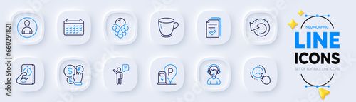 Handout, Fitness and Consultant line icons for web app. Pack of Dislike, Agent, Charging station pictogram icons. Recovery data, Tea cup, Ice cream signs. Calendar, Avatar, Money currency. Vector