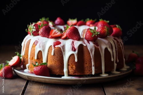 Delicious cake with smooth white icing topped with fresh strawberries. Perfect for any special occasion or dessert table.