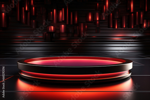 Ai Generated photo red light round podium and black background for mock up realistic image © Syed Qaseem Raza