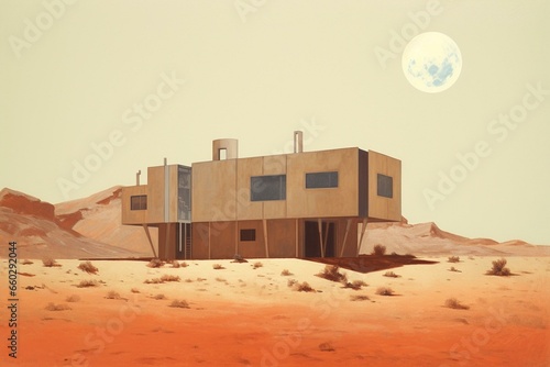A building in desert with a solar panel  moon in sky  solarpunk  minimalist painting  brutalism. Generative AI