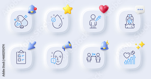 Face attention, Nurse and Heart beat line icons. Buttons with 3d bell, chat speech, cursor. Pack of Checklist, People vaccination, Zinc mineral icon. Social distancing, Vitamin e pictogram. Vector
