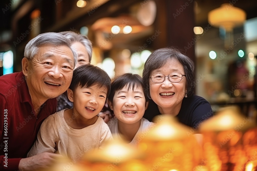 Asian family together. Family photo of an elderly father, daughter and young grandchildren. Children and grandchildren visit elderly parents. Family values. Friendly family. Caring for the elderly. Asian family together. Family photo of an elderly father, daughter and young grandchildren. Children and grandchildren visit elderly parents. Family values. Friendly family. Caring for the elderly.